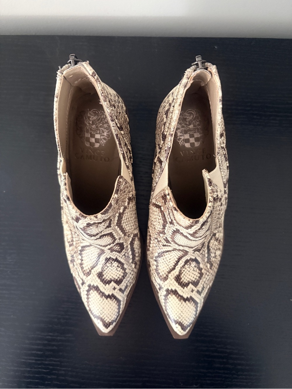 Vince Camuto Snake-Print Pointed Toe Ankle Booties in Beige and Brown